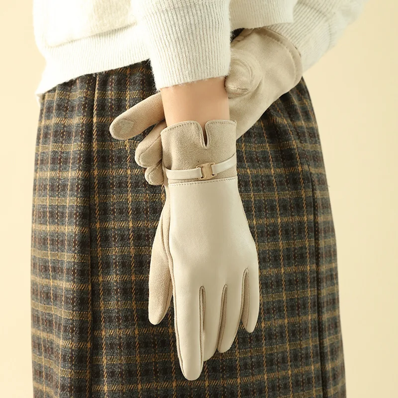 Women Winter Thick Suede Leather Gloves Fashion Elegant Retro Cycling Drive Keep Warm Touch Screen Windproof Soft Comfortable