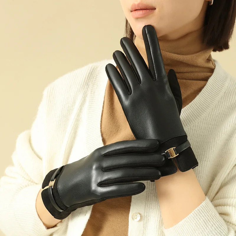 Women Winter Thick Suede Leather Gloves Fashion Elegant Retro Cycling Drive Keep Warm Touch Screen Windproof Soft Comfortable