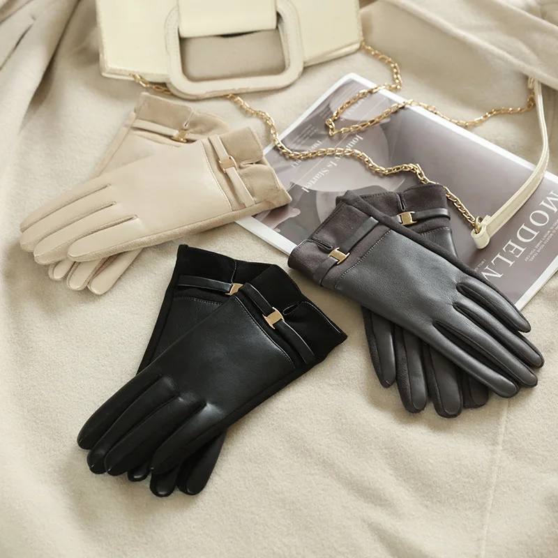 Women Winter Thick Suede Leather Gloves Fashion Elegant Retro Cycling Drive Keep Warm Touch Screen Windproof Soft Comfortable