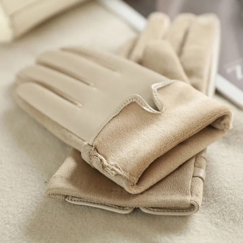 Women Winter Thick Suede Leather Gloves Fashion Elegant Retro Cycling Drive Keep Warm Touch Screen Windproof Soft Comfortable