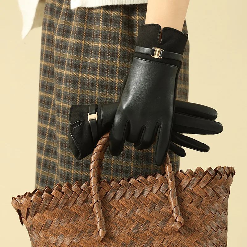 Women Winter Thick Suede Leather Gloves Fashion Elegant Retro Cycling Drive Keep Warm Touch Screen Windproof Soft Comfortable