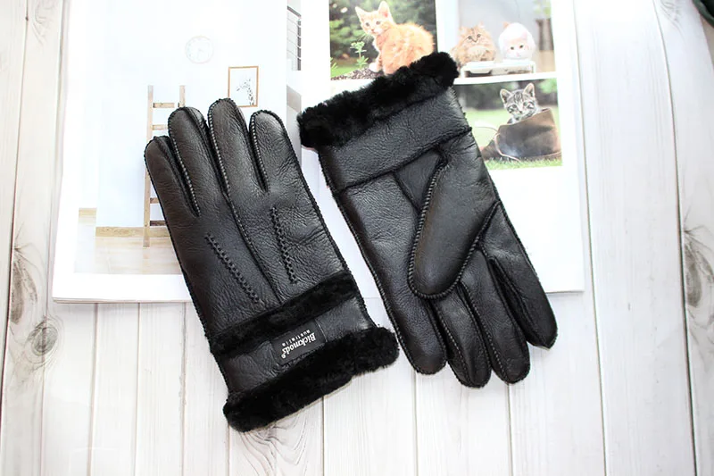 Winter Warm Sheepskin Fur Gloves Men Thickened Outdoor Motorcycle Riding Windproof and Cold-Proof Leather Points Wool