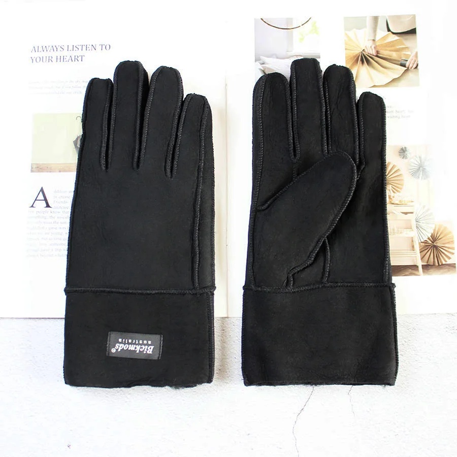 Winter Warm Sheepskin Fur Gloves Men Thickened Outdoor Motorcycle Riding Windproof and Cold-Proof Leather Points Wool