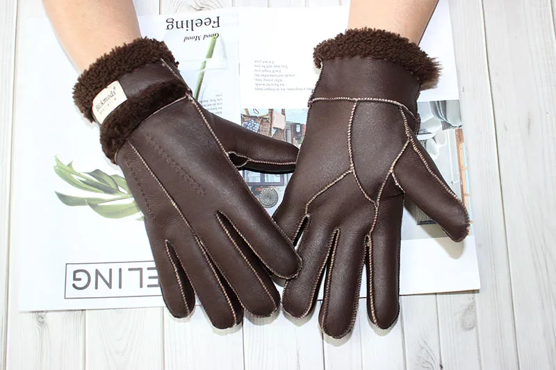 Winter Warm Sheepskin Fur Gloves Men Thickened Outdoor Motorcycle Riding Windproof and Cold-Proof Leather Points Wool
