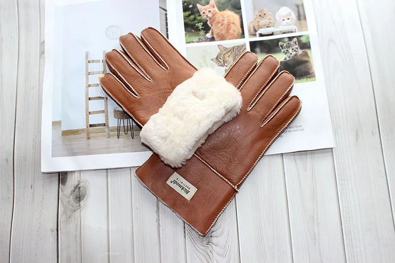 Winter Warm Sheepskin Fur Gloves Men Thickened Outdoor Motorcycle Riding Windproof and Cold-Proof Leather Points Wool