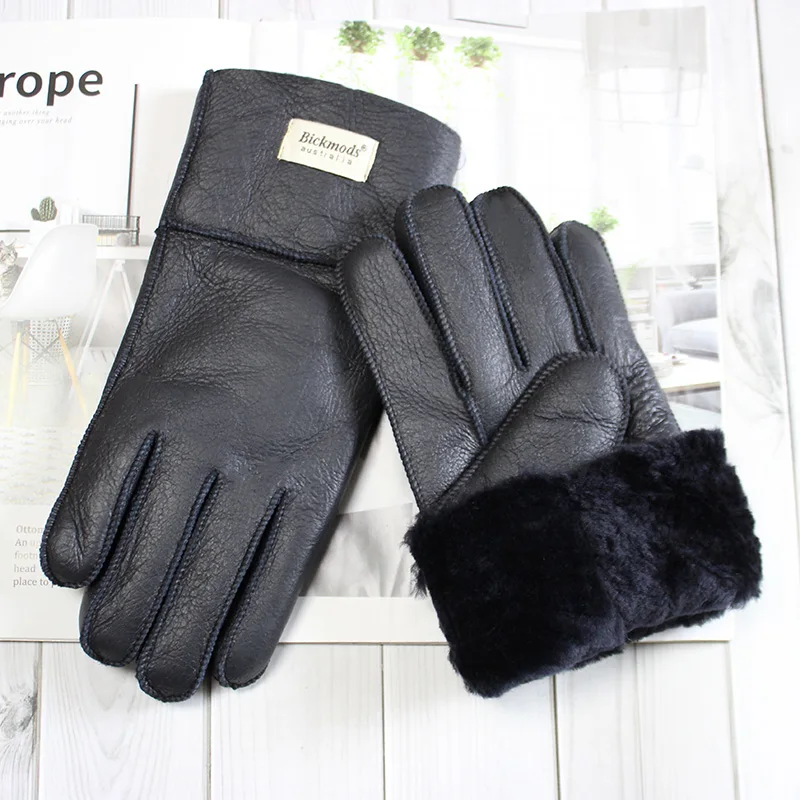 Winter Warm Sheepskin Fur Gloves Men Thickened Outdoor Motorcycle Riding Windproof and Cold-Proof Leather Points Wool