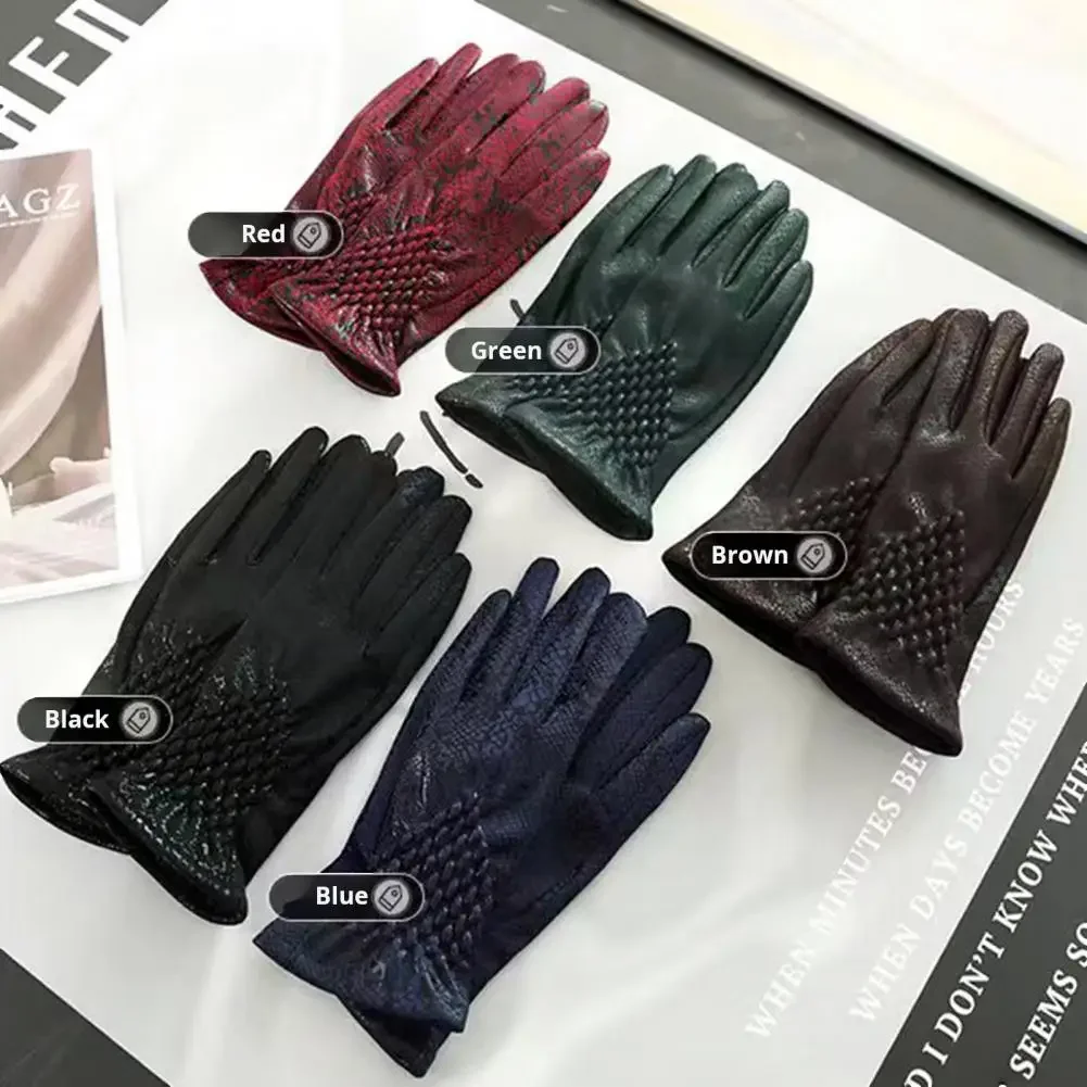 Women's Winter Velvet Keep Warm Gloves Fashion Snake Skin Pattern Touchable Screen Fingered Elasticity Windproof Cycling Gloves