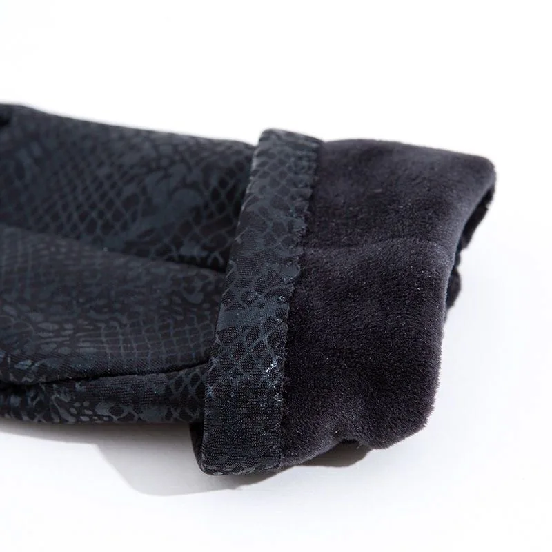 Women's Winter Velvet Keep Warm Gloves Fashion Snake Skin Pattern Touchable Screen Fingered Elasticity Windproof Cycling Gloves