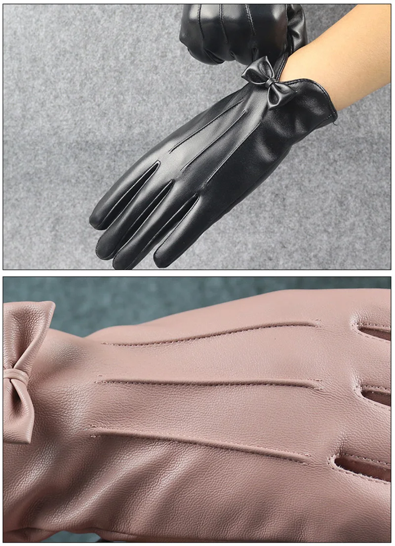 High Quality Leather Female Fashion Winter Warm Black Bow Cycling Gloves Women Driving Touch Phone Screen Glove Mittens B7