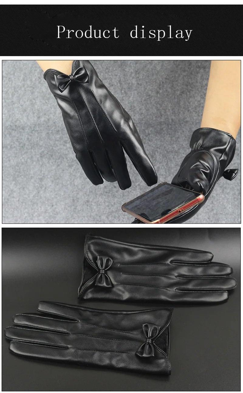 High Quality Leather Female Fashion Winter Warm Black Bow Cycling Gloves Women Driving Touch Phone Screen Glove Mittens B7
