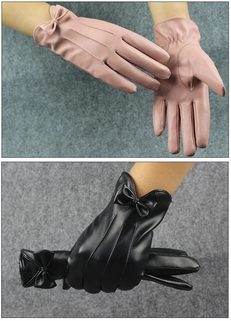 High Quality Leather Female Fashion Winter Warm Black Bow Cycling Gloves Women Driving Touch Phone Screen Glove Mittens B7