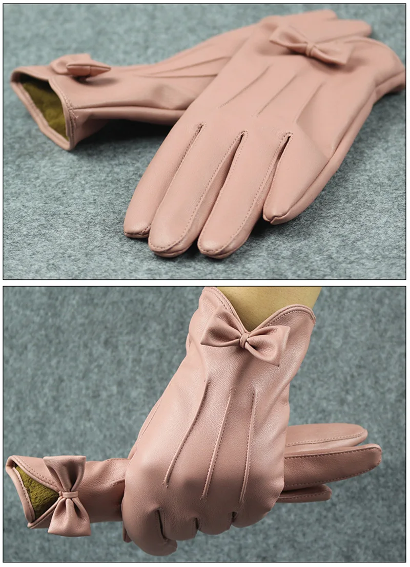 High Quality Leather Female Fashion Winter Warm Black Bow Cycling Gloves Women Driving Touch Phone Screen Glove Mittens B7