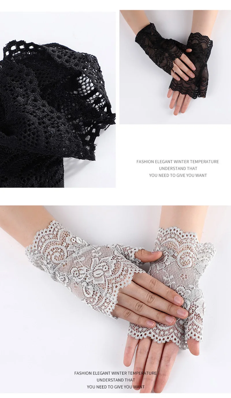 Summer Women Rose Flower Lace UV Sunscreen Sun Fingerless Cover Up Tattoo Driving Mitten Touch Screen Cycling Non Slip Glove O46