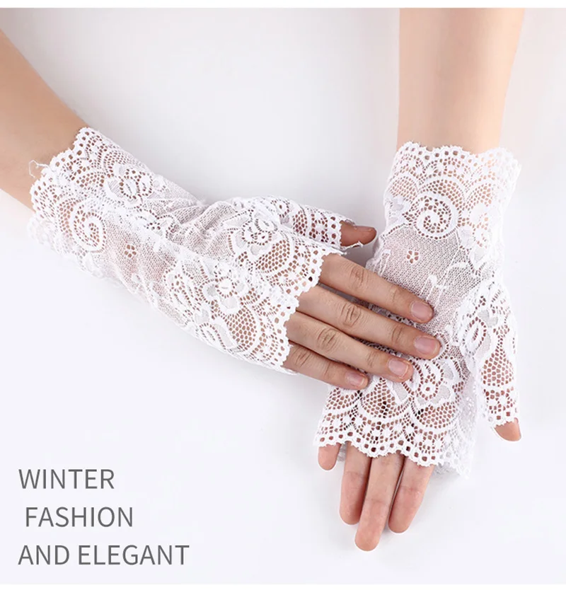 Summer Women Rose Flower Lace UV Sunscreen Sun Fingerless Cover Up Tattoo Driving Mitten Touch Screen Cycling Non Slip Glove O46