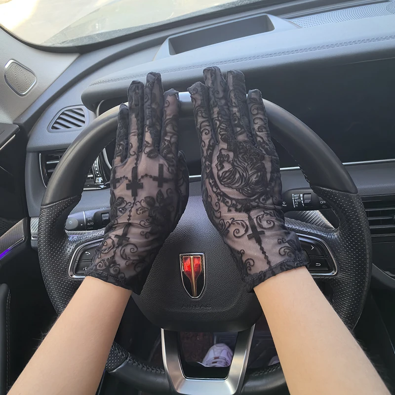 Halloween 22CM Women Rose Print Mesh Sexy Lolita Black Transparent Long Gloves Cosplay Performance Breathable Drive Sunscreen