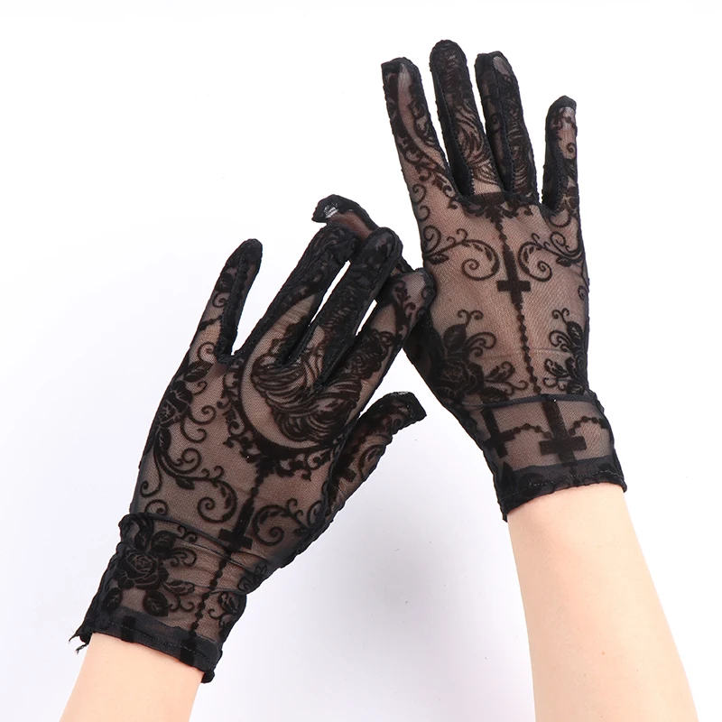 Halloween 22CM Women Rose Print Mesh Sexy Lolita Black Transparent Long Gloves Cosplay Performance Breathable Drive Sunscreen