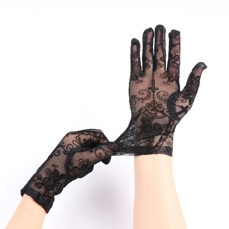 Halloween 22CM Women Rose Print Mesh Sexy Lolita Black Transparent Long Gloves Cosplay Performance Breathable Drive Sunscreen
