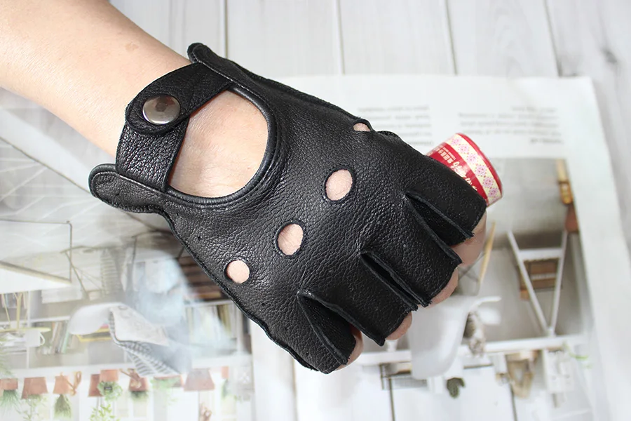 Car Driving Deerskin Leather Fingerless Gloves Men's Short Fashion Hollow Summer Sports Fitness Motorcycle Riding Half Finger