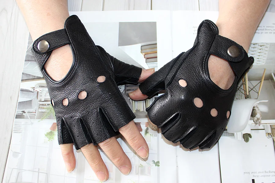 Car Driving Deerskin Leather Fingerless Gloves Men's Short Fashion Hollow Summer Sports Fitness Motorcycle Riding Half Finger