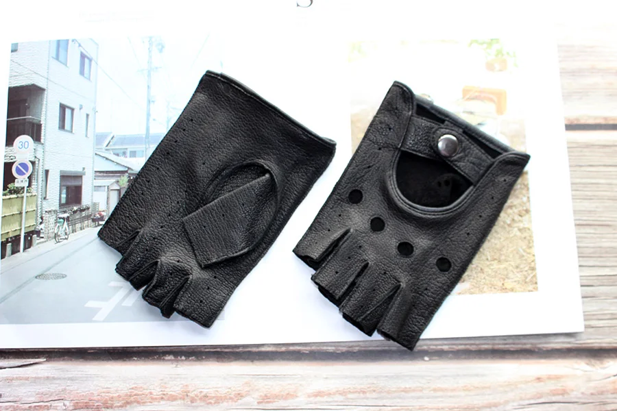 Car Driving Deerskin Leather Fingerless Gloves Men's Short Fashion Hollow Summer Sports Fitness Motorcycle Riding Half Finger