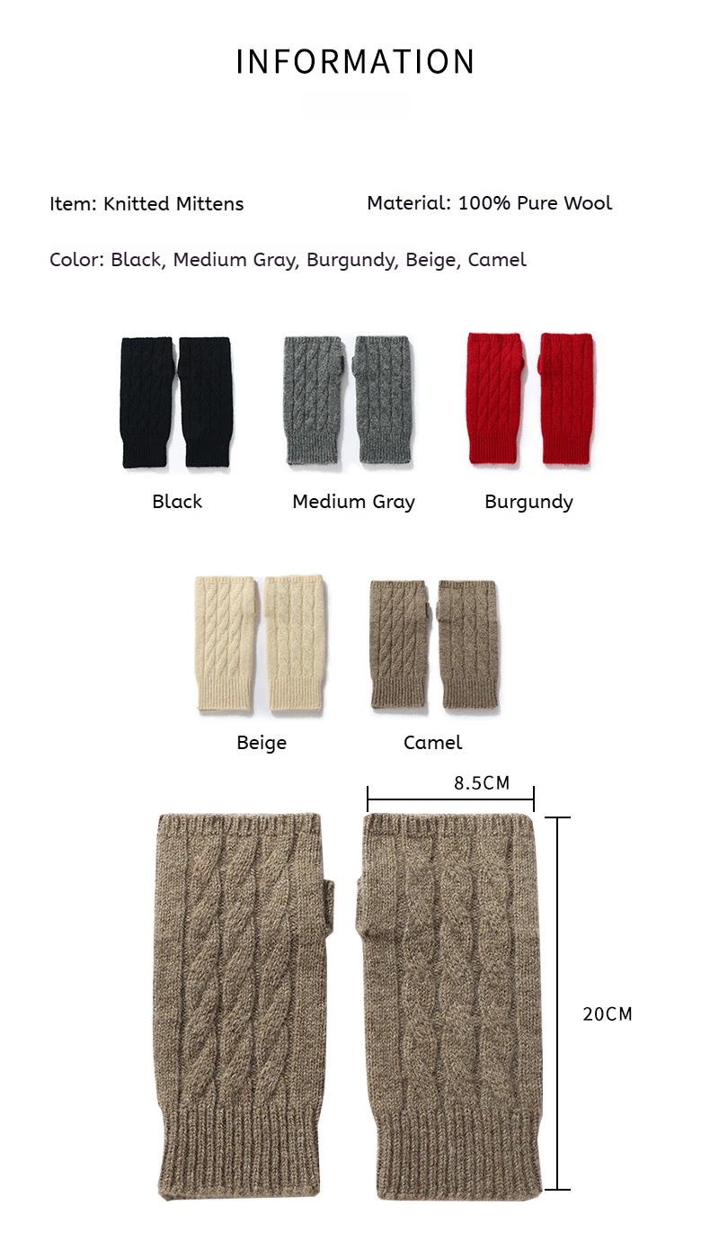 Pure Wool Knit Mittens Autumn Winter Fingerless Gloves Cable Seamless Comfy Warm 100 Wool Thumb Hole Mitts Unisex