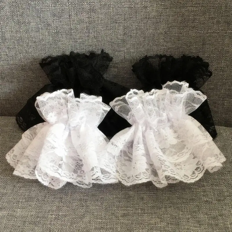 1Pair Lolita Hand Sleeve Wrist Cuffs Ruffled Floral Black Lace Elastic Bracelet Elegant Women Girls Wrist Warmers Gloves Gift