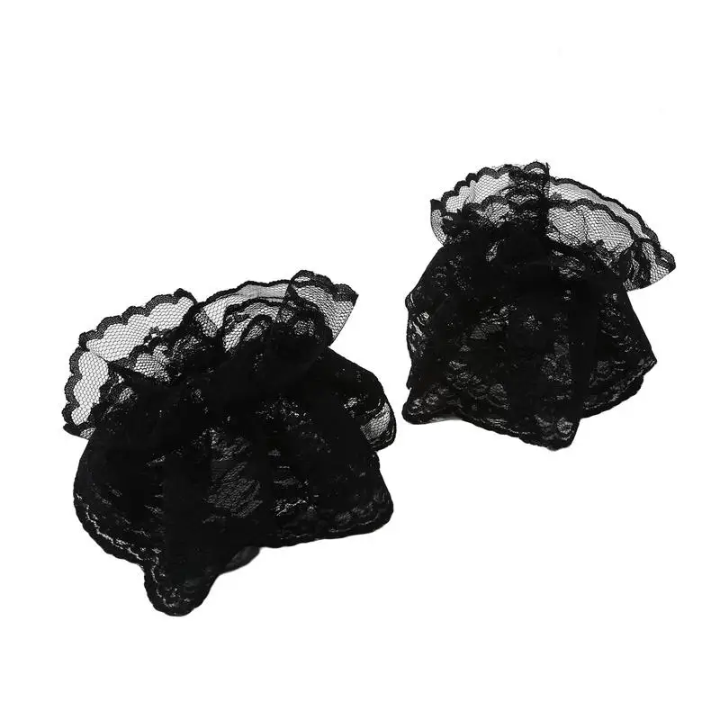 1Pair Lolita Hand Sleeve Wrist Cuffs Ruffled Floral Black Lace Elastic Bracelet Elegant Women Girls Wrist Warmers Gloves Gift