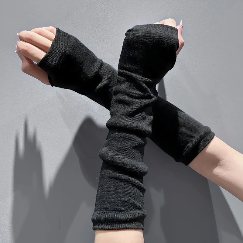 Punk Y2K Gothic Lolita Sleeves Fingerless Gloves Cuff for Women Knitted Elbow Mittens Elastic Arm Warmer Unisex Hip-hop Gloves