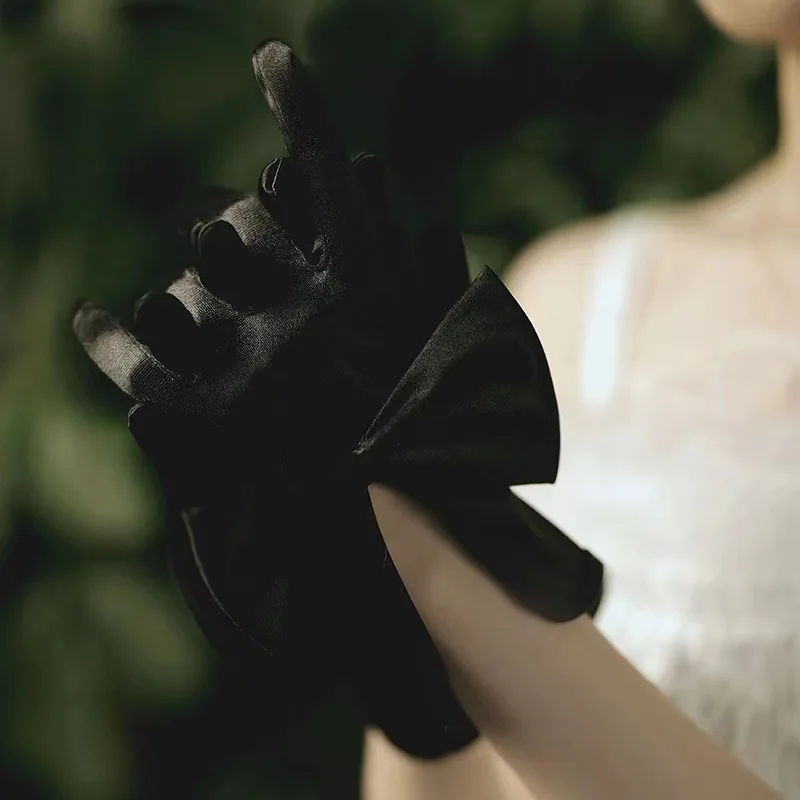 Women Short Full Fingers Bow Wrist Elegant White Ivory Satin Bridal Wedding Gloves Dress Accessories Prom Dancing Dinner