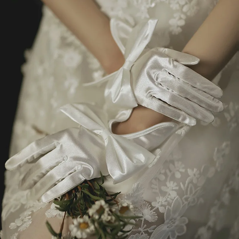 Women Short Full Fingers Bow Wrist Elegant White Ivory Satin Bridal Wedding Gloves Dress Accessories Prom Dancing Dinner