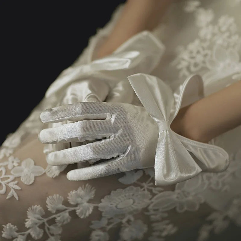 Women Short Full Fingers Bow Wrist Elegant White Ivory Satin Bridal Wedding Gloves Dress Accessories Prom Dancing Dinner
