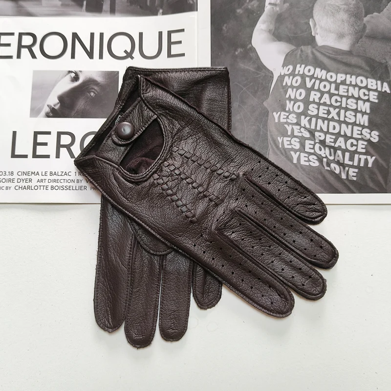 Men's Deerskin Thin Single Skinless Fashion New Locomotive Spring And Summer Autumn Driving Full Finger Genuine Leather Gloves