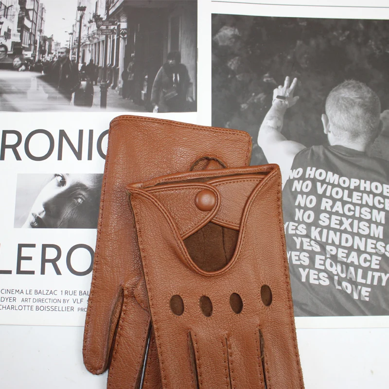 Men's Deerskin Thin Single Skinless Fashion New Locomotive Spring And Summer Autumn Driving Full Finger Genuine Leather Gloves