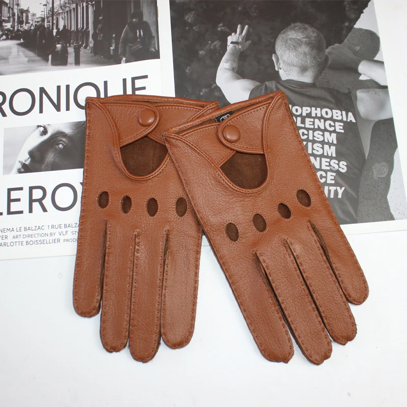 Men's Deerskin Thin Single Skinless Fashion New Locomotive Spring And Summer Autumn Driving Full Finger Genuine Leather Gloves