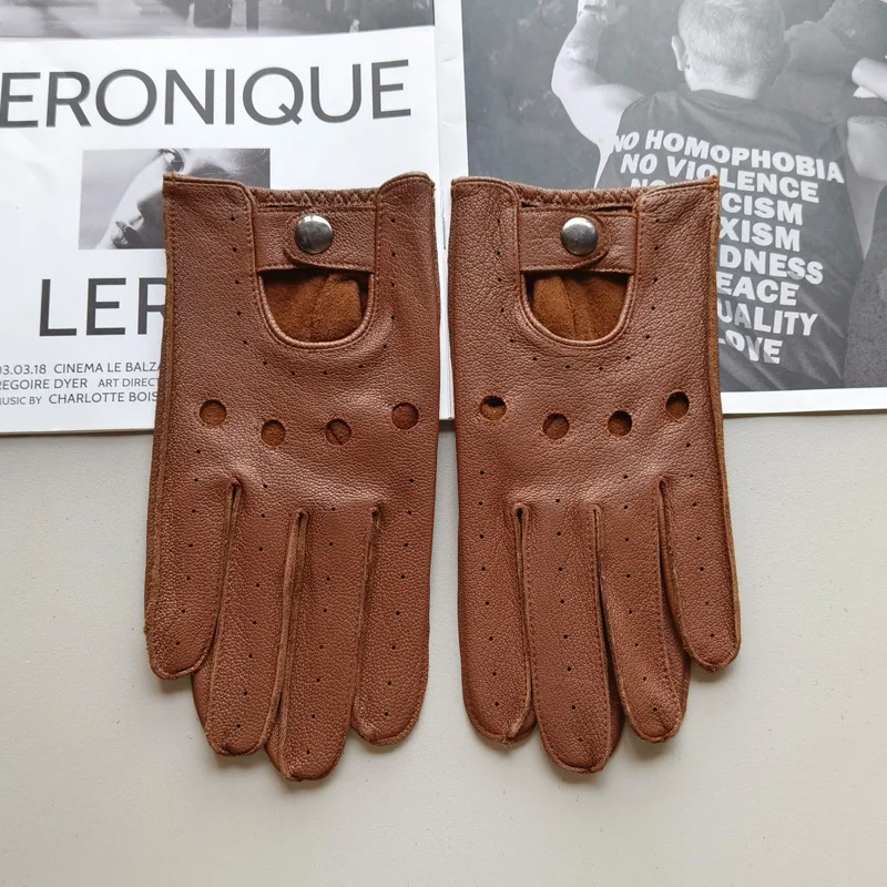 Men's Deerskin Thin Single Skinless Fashion New Locomotive Spring And Summer Autumn Driving Full Finger Genuine Leather Gloves