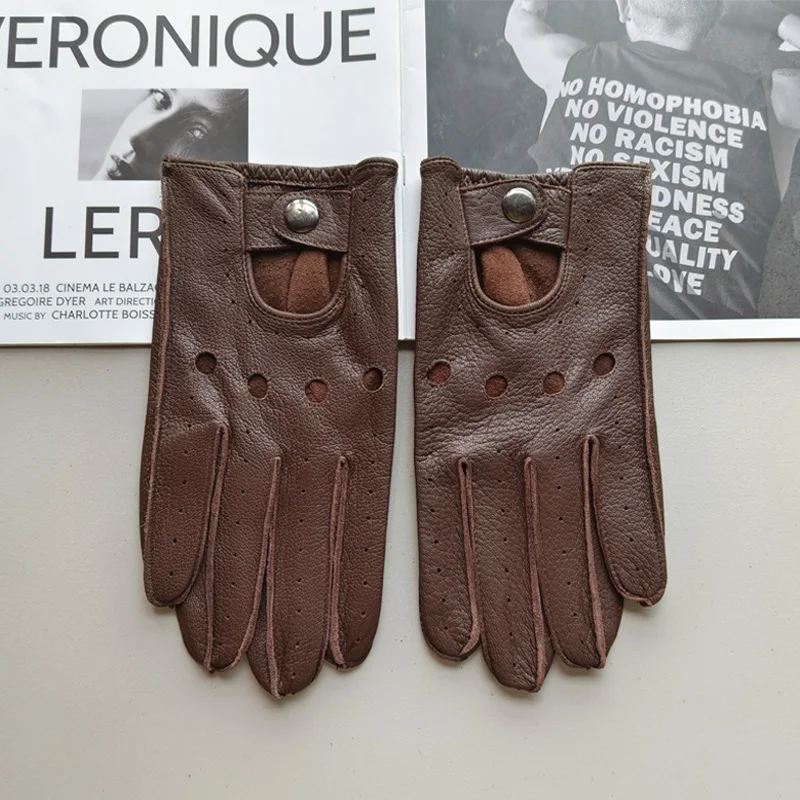 Men's Deerskin Thin Single Skinless Fashion New Locomotive Spring And Summer Autumn Driving Full Finger Genuine Leather Gloves