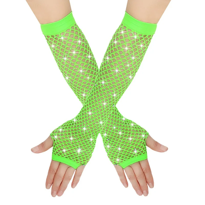 1 Pair Black Girl Women Long Fishnet Net Gloves Shiny Rhinestone Fingerless Mesh Punk Rock Night Club Sexy Mittens Wholesale