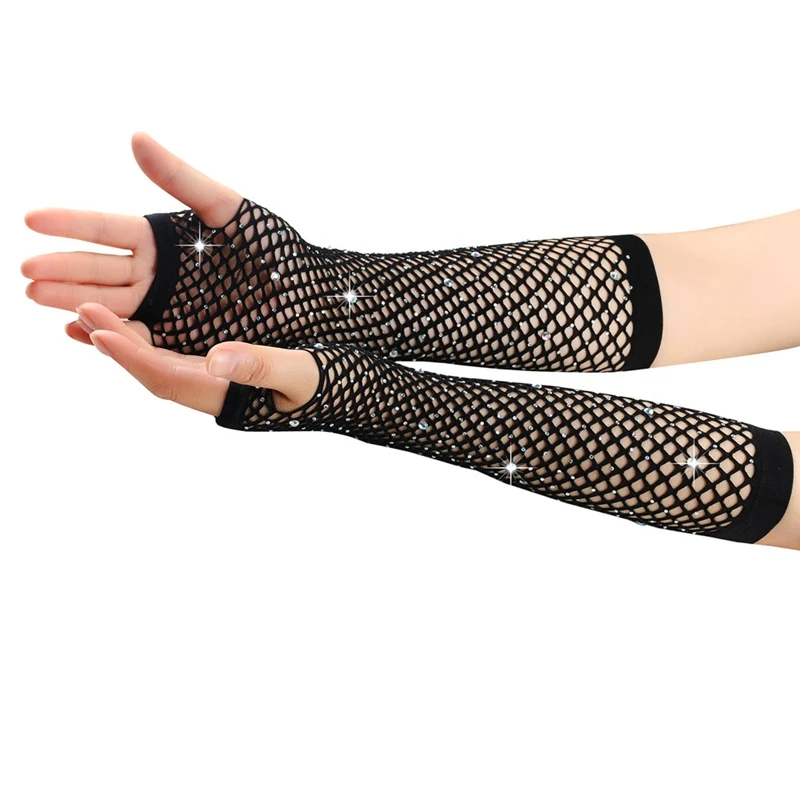 1 Pair Black Girl Women Long Fishnet Net Gloves Shiny Rhinestone Fingerless Mesh Punk Rock Night Club Sexy Mittens Wholesale