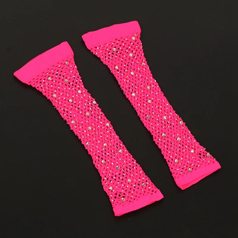 1 Pair Black Girl Women Long Fishnet Net Gloves Shiny Rhinestone Fingerless Mesh Punk Rock Night Club Sexy Mittens Wholesale