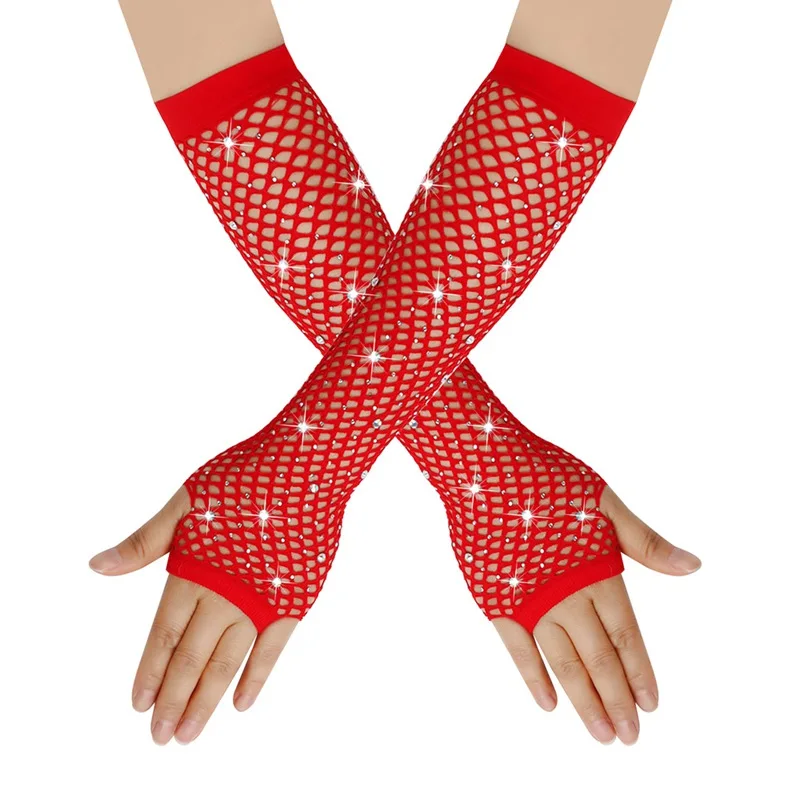 1 Pair Black Girl Women Long Fishnet Net Gloves Shiny Rhinestone Fingerless Mesh Punk Rock Night Club Sexy Mittens Wholesale