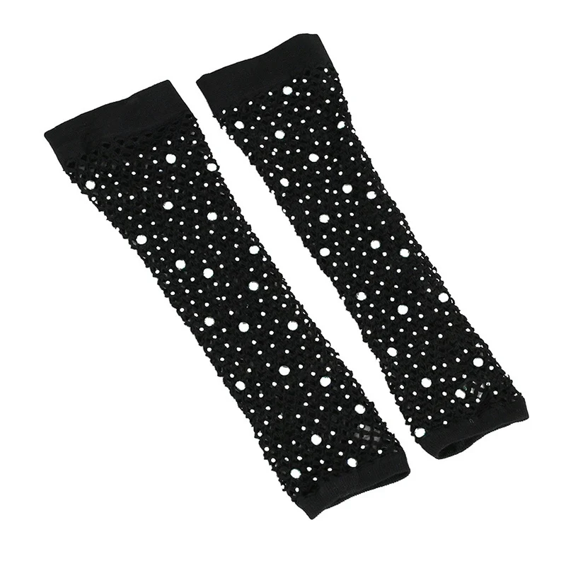 1 Pair Black Girl Women Long Fishnet Net Gloves Shiny Rhinestone Fingerless Mesh Punk Rock Night Club Sexy Mittens Wholesale
