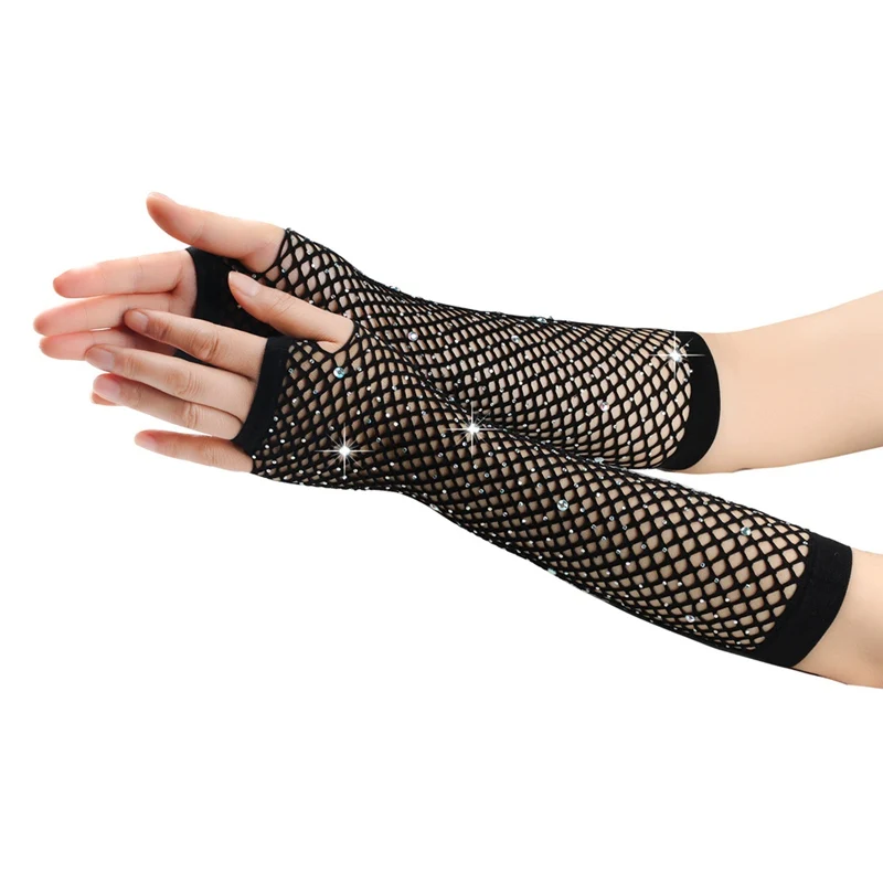 1 Pair Black Girl Women Long Fishnet Net Gloves Shiny Rhinestone Fingerless Mesh Punk Rock Night Club Sexy Mittens Wholesale