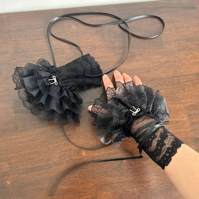 Women's Y2K Style Sexy Lace Gloves Sweet Ruffled Tulle Fingerless Mittens Elegant Ribbon Tie Wrist Cuffs Anime Cosplay Lolita