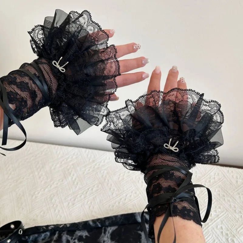 Women's Y2K Style Sexy Lace Gloves Sweet Ruffled Tulle Fingerless Mittens Elegant Ribbon Tie Wrist Cuffs Anime Cosplay Lolita