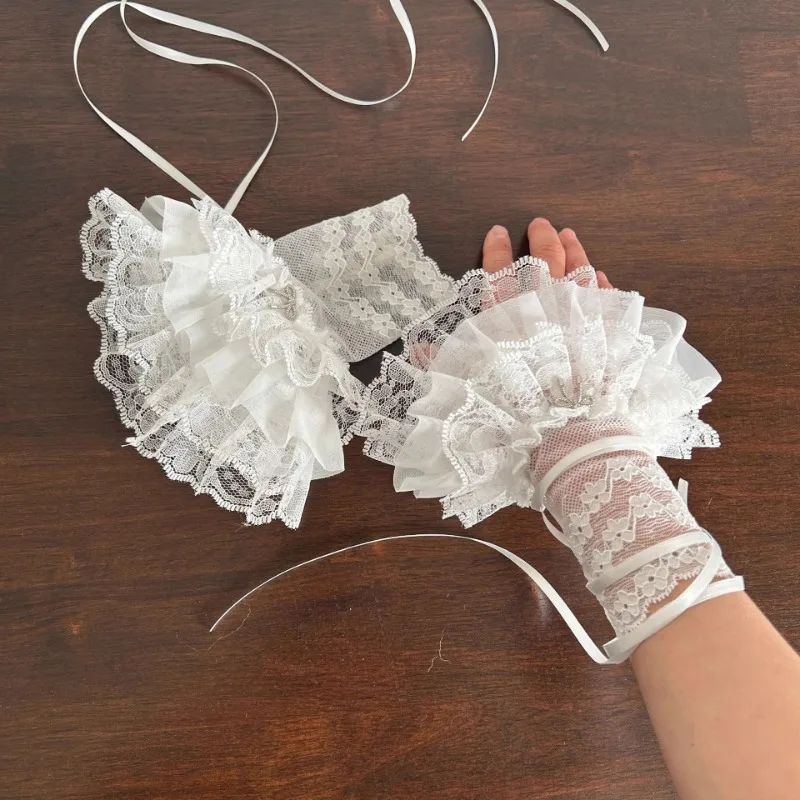 Women's Y2K Style Sexy Lace Gloves Sweet Ruffled Tulle Fingerless Mittens Elegant Ribbon Tie Wrist Cuffs Anime Cosplay Lolita