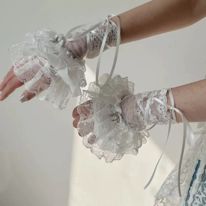 Women's Y2K Style Sexy Lace Gloves Sweet Ruffled Tulle Fingerless Mittens Elegant Ribbon Tie Wrist Cuffs Anime Cosplay Lolita