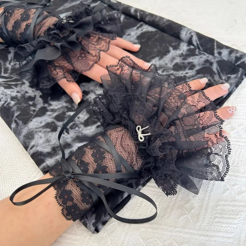 Women's Y2K Style Sexy Lace Gloves Sweet Ruffled Tulle Fingerless Mittens Elegant Ribbon Tie Wrist Cuffs Anime Cosplay Lolita