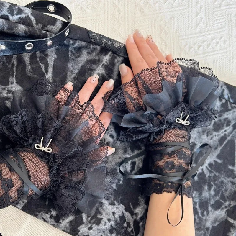 Women's Y2K Style Sexy Lace Gloves Sweet Ruffled Tulle Fingerless Mittens Elegant Ribbon Tie Wrist Cuffs Anime Cosplay Lolita