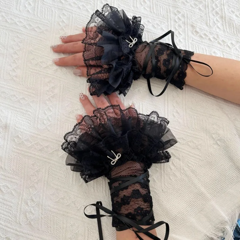Women's Y2K Style Sexy Lace Gloves Sweet Ruffled Tulle Fingerless Mittens Elegant Ribbon Tie Wrist Cuffs Anime Cosplay Lolita