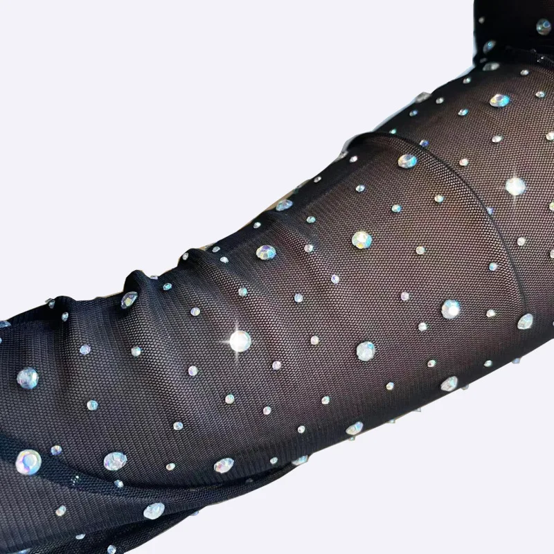 Sexy Shining Flash Drilling Thin Elasticity Lace Fashion Personality Dance Stage Performance Cosplay Women Mesh Long Gloves